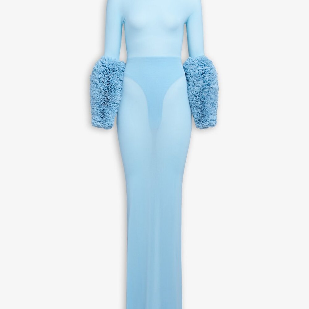 New Alaia Ruffle Dress in Ciel blue long sleeve maxi jersey bodycon - Picture 13 of 15